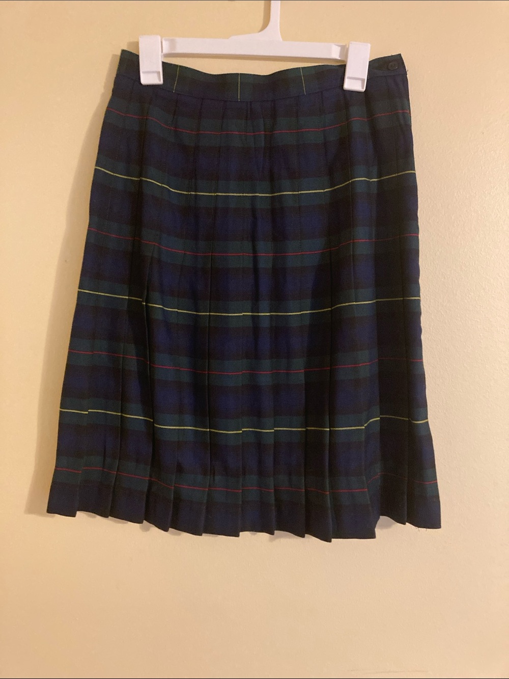 Lands' End Navy Plaid Pleated A-Line Skirt with Green and Red Stripes